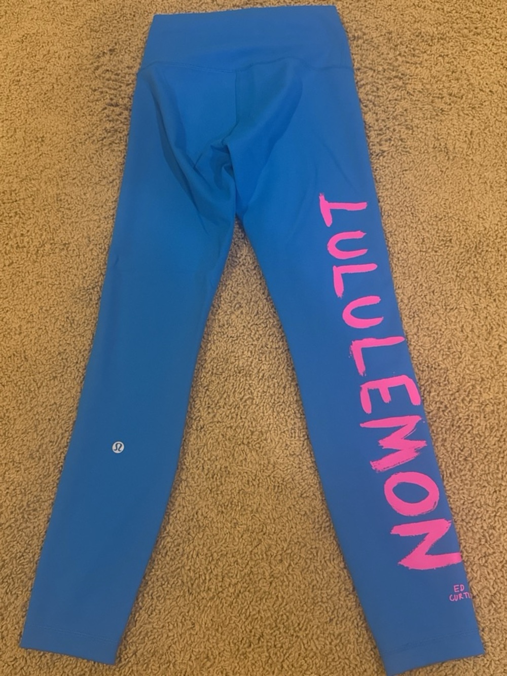 Lululemon Bright Blue Leggings with Pink Logo Print